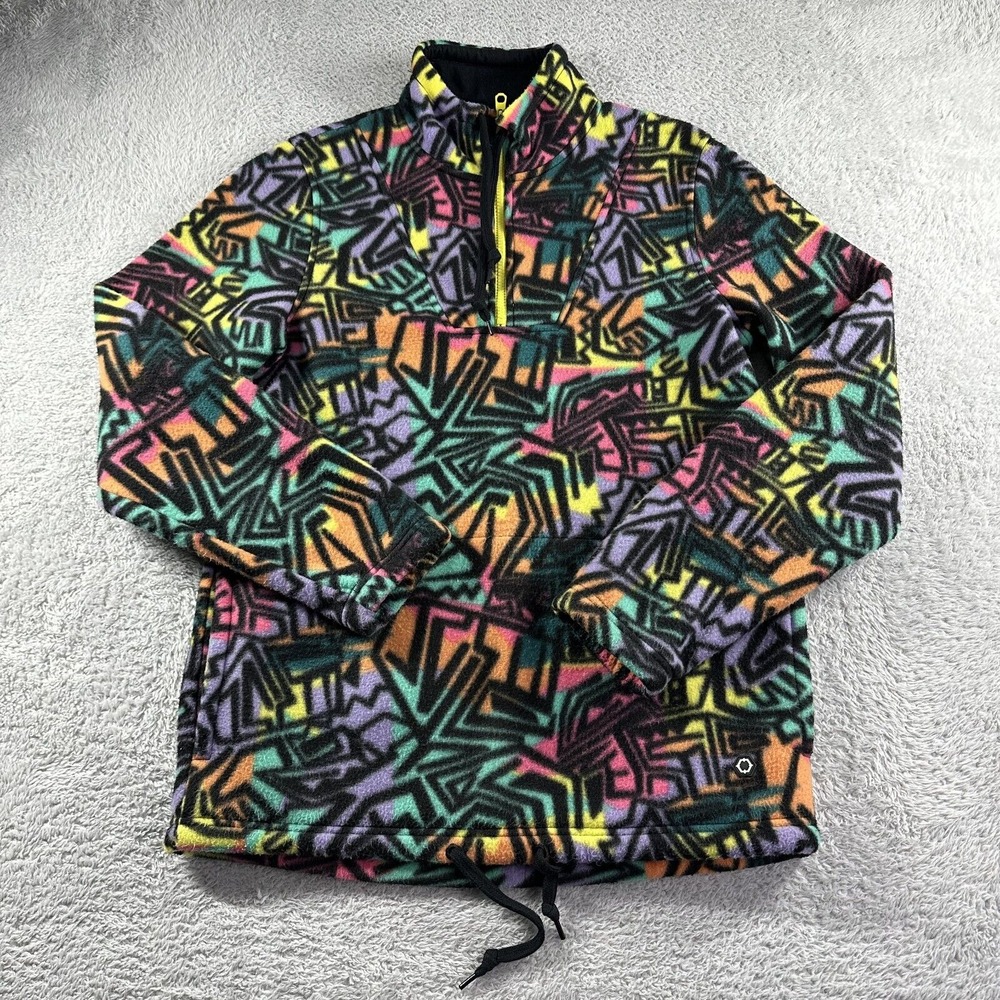 Empyre Sweater‎ Mens Small 1/4 Zip Fleece AOP Neon Abstract Geometric Bright 90s